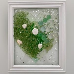Coastal Green Heart Framed Resin Picture 10” X 12” Handmade